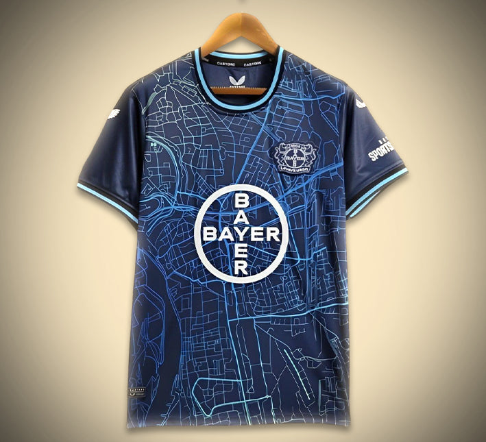 Bayern 04 Leverkusens fotbollströja blå designkoncept kollektion 2425