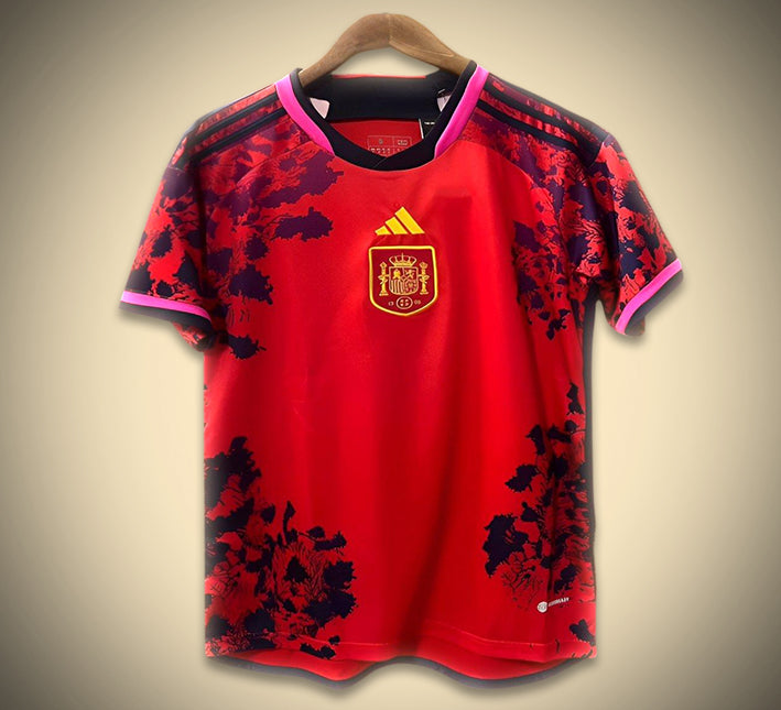 maillotespagnefleurs-1.jpg Konceptfotbollströja Spanien Röd Edition 2024 framifrån