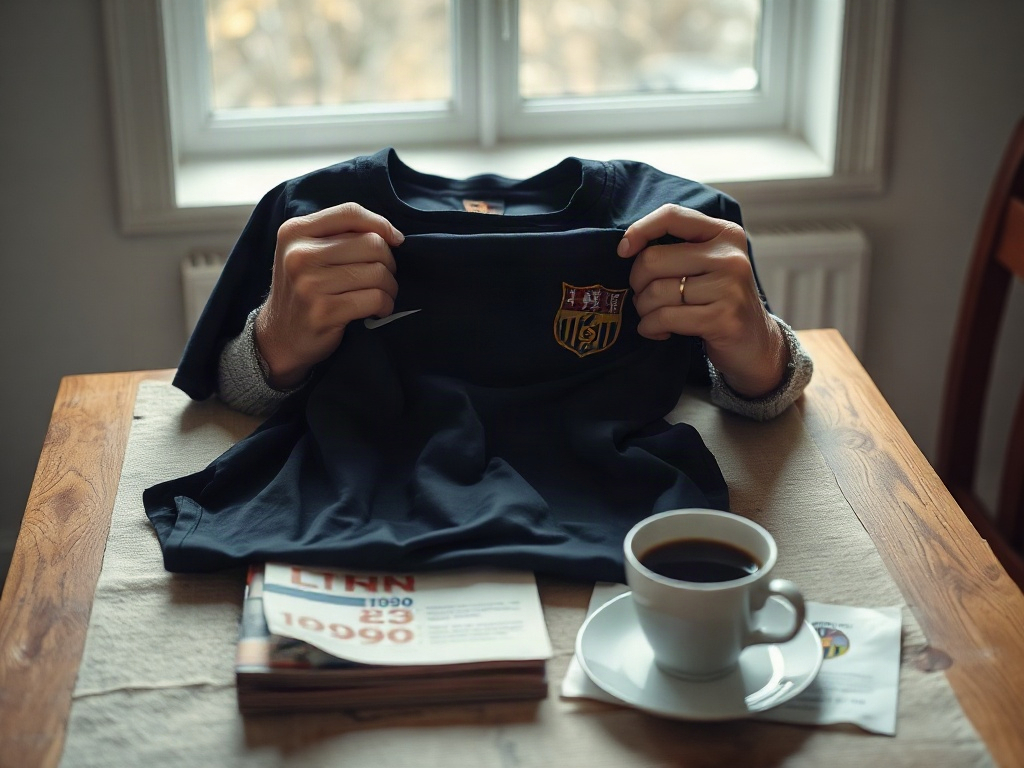 Supporterhand som noggrant granskar en fotbollstrojjas broderi och tyg vid ett köksbord