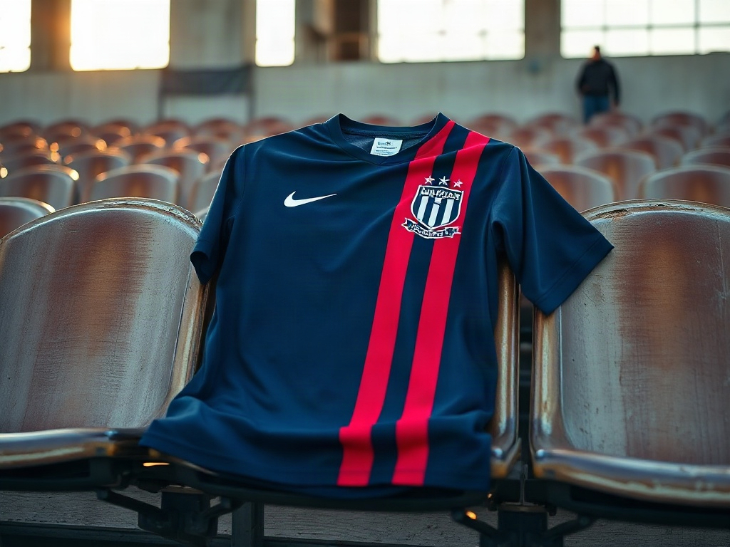 Djurgårdens hemmatröja 2026 draperad över en gammal träläktarplats i stadionljus