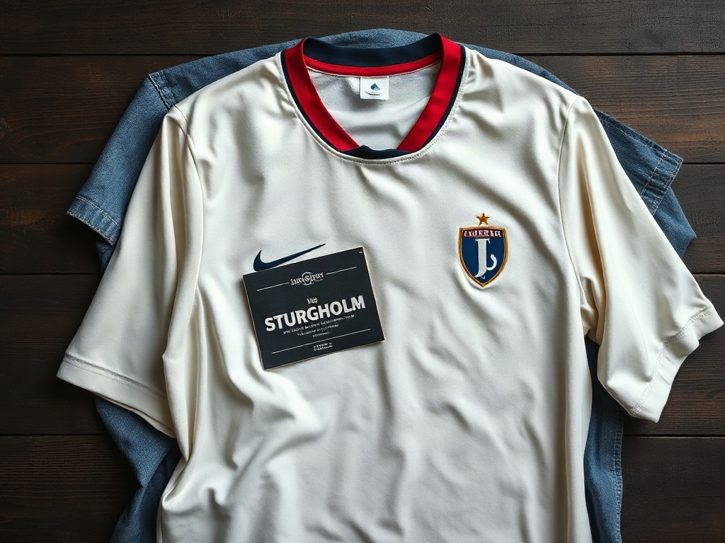 Djurgårdens bortatröja 2026 i off-white på ett träbord med vintage matchprogram