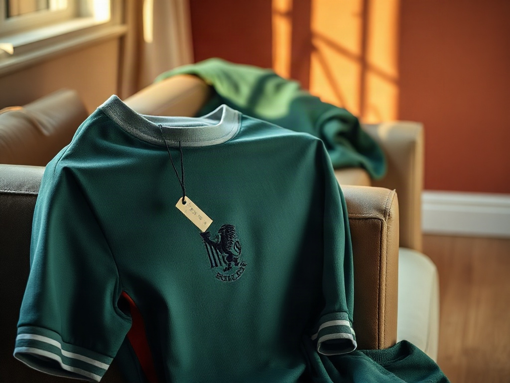 Officiell fotbollströja med broderat märke på sliten läderfåtölj i nordiskt morgonljus