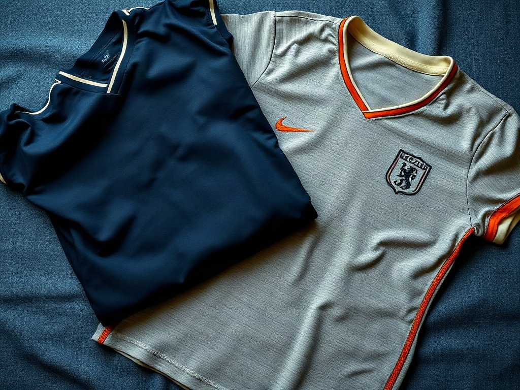 Jämförelse mellan äkta broderat clubbmärke och förfalskningens platta tryck på fotbollströja