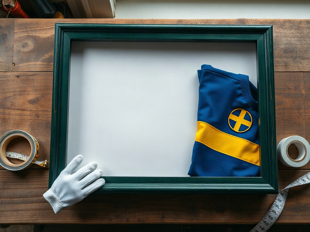 Öppen shadowbox-ram i mörkgrön trä bredvid en vikad fotbollströja och konservatortejp på ett gammalt träbord