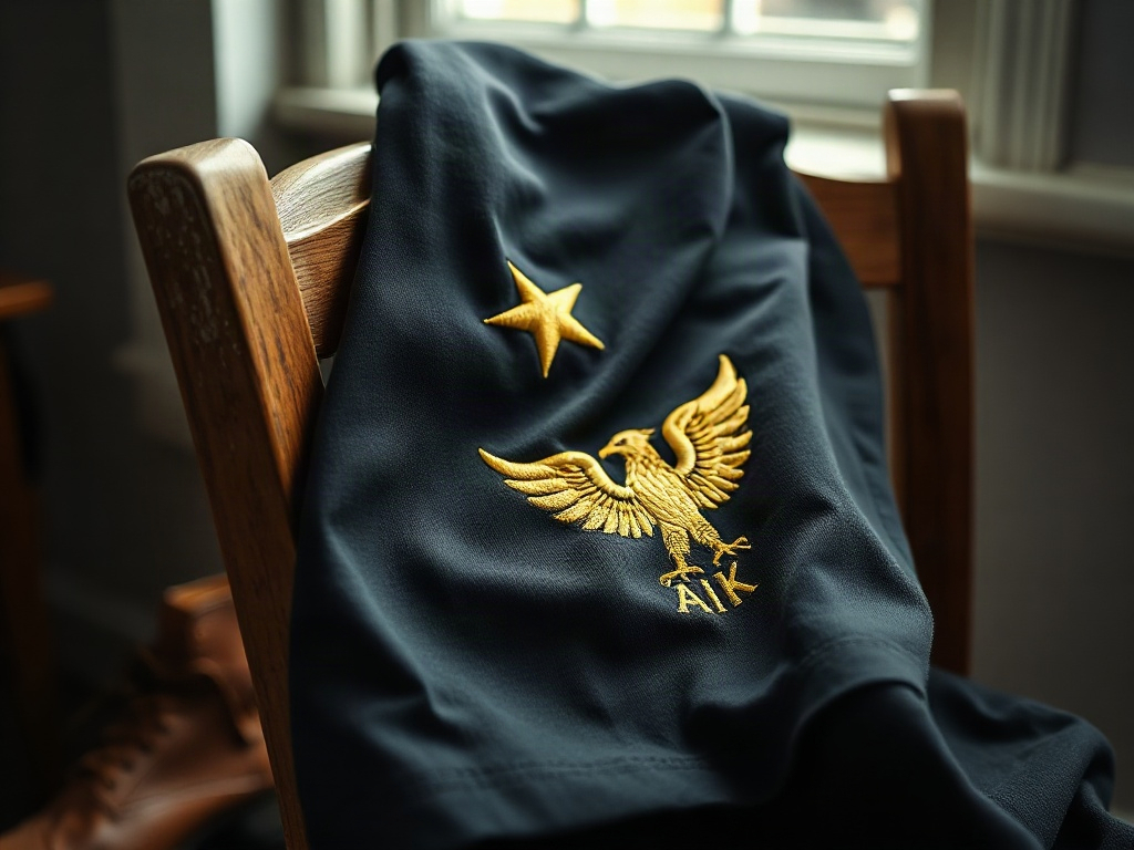 Närbild på den broderade guldstjärnan ovanför AIK:s örnemärke på en svart fotbollströja