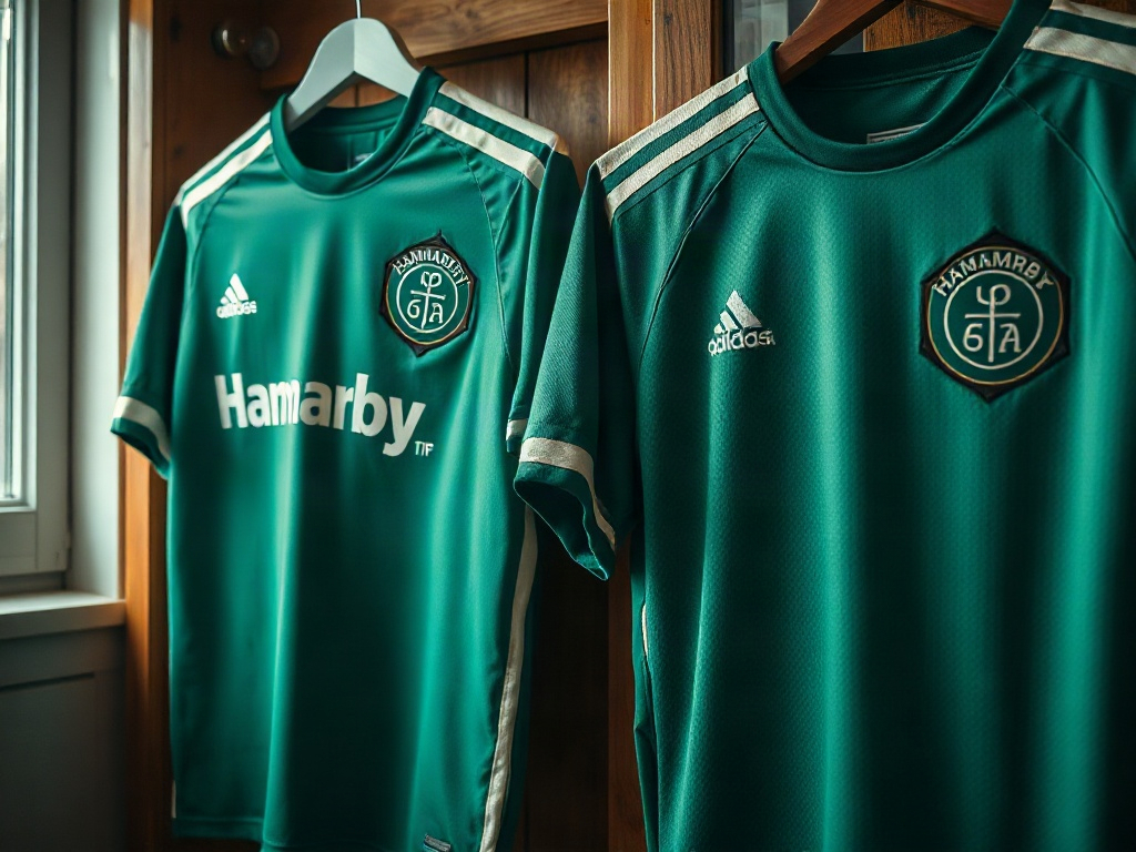 Officiell Hammarby-tröja bredvid en konceptversion på träbylka - jämförelse av tyg och detaljer