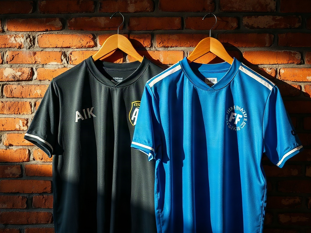 Två fotbollströjor hängande på träbyglar mot en tegelvägg i Stockholm - embroidered badges synliga