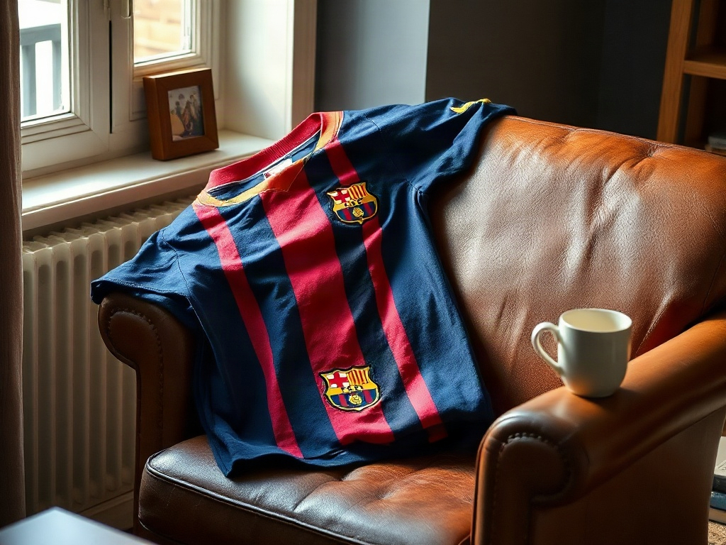 Vintage Barcelona blaugrana-tröja draperad över en sliten läderfåtölj i skandinaviskt morgonljus