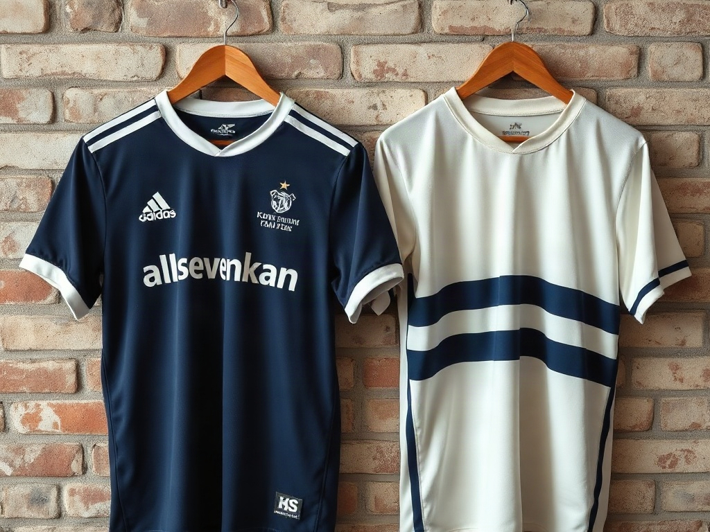 Två fotbollströjor sida vid sida på träbyglar: modern polyester och vintage bomull
