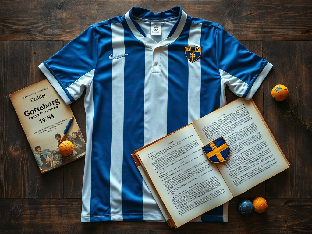 IFK Göteborg jubileumströja lagd platt på trä med gammalt matchprogram från 1980-talet