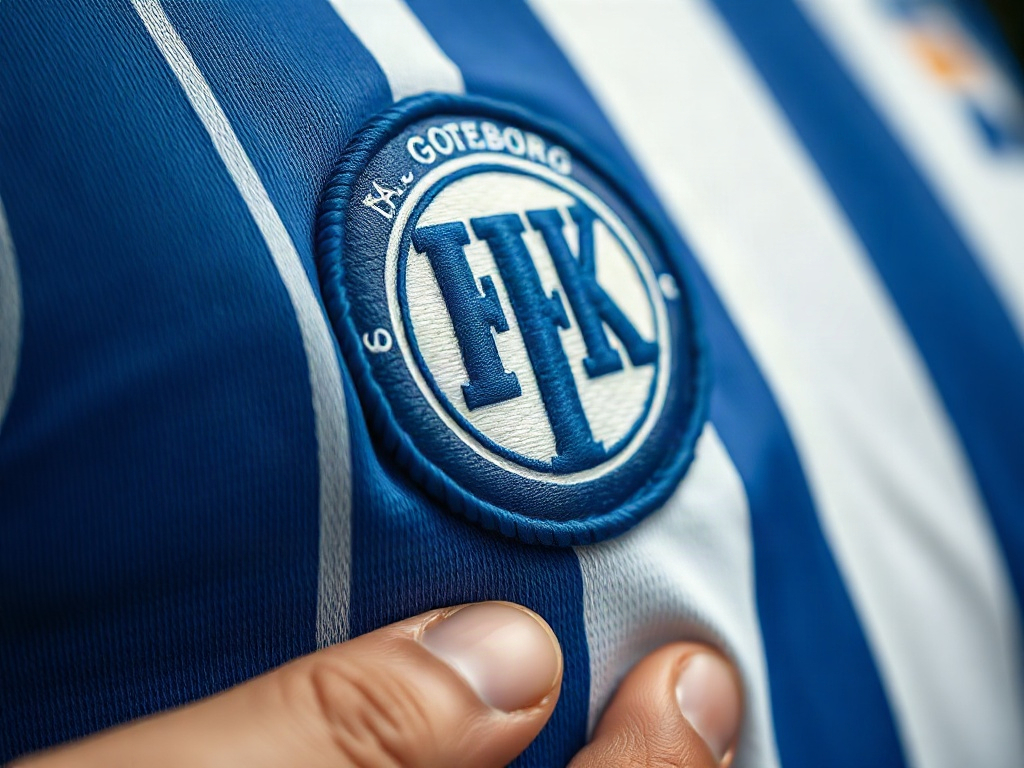 Närbild på det broderade vapnet på en IFK Göteborg jubileumströja