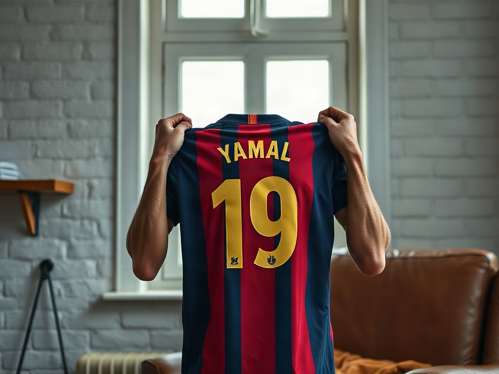 Äldre händer håller upp en Lamine Yamal FC Barcelona tröja nummer 19 mot ett fönster i naturligt dagsljus