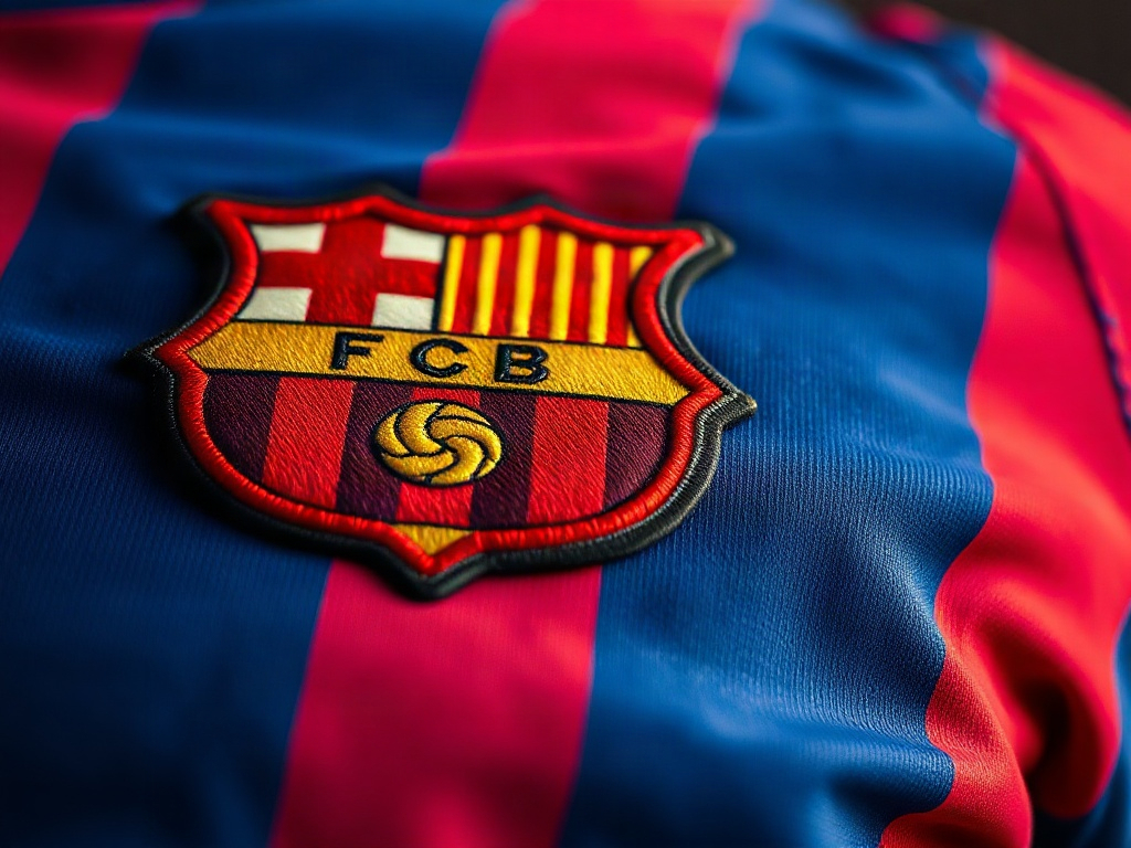 Närbild på FC Barcelonas broderade märke på en äkta blaugrana tröja med synlig trådtextur