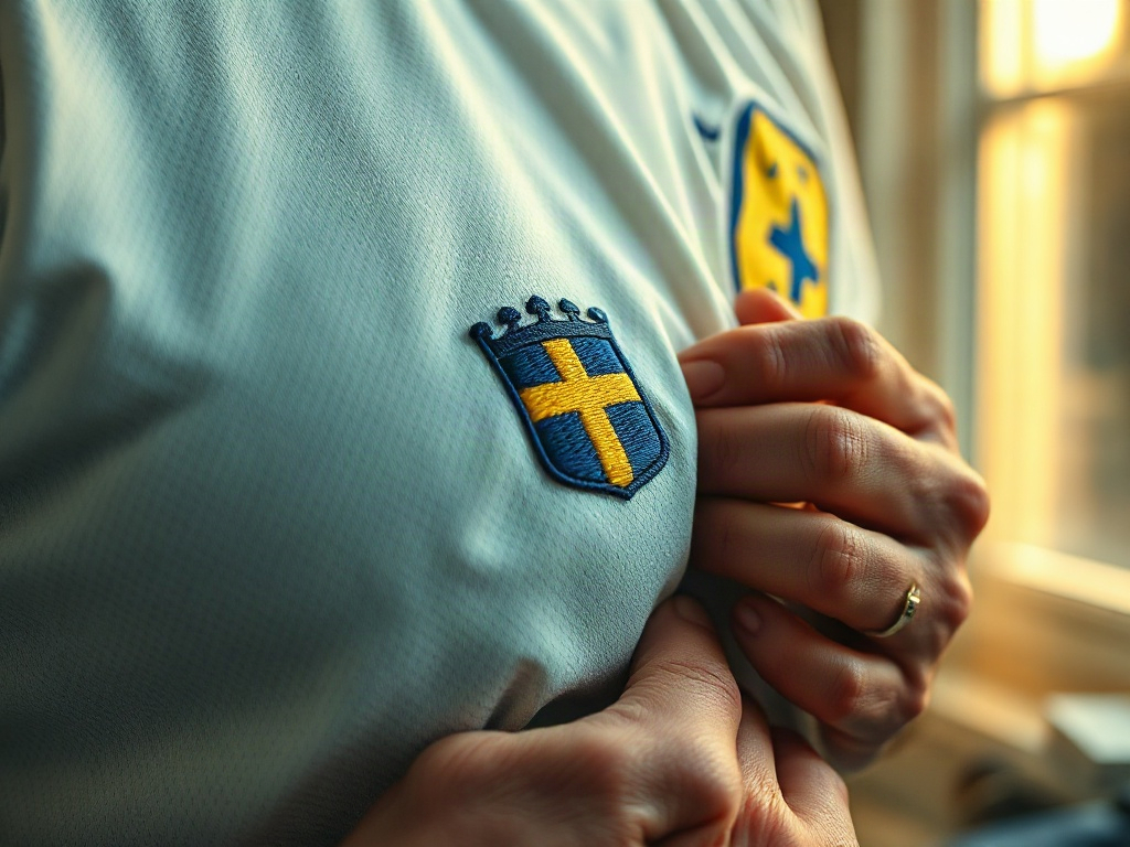 Närbild på broderat märke och vävd textur i Sveriges bortatröja