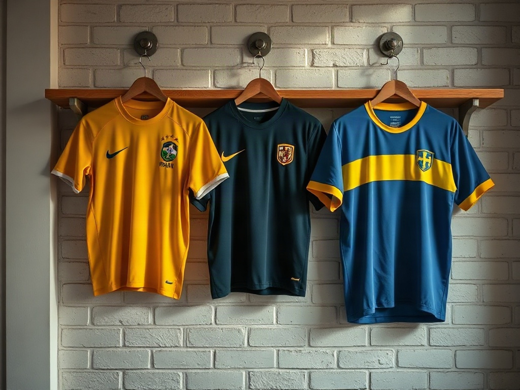 Tre landslagströjor på en träribbhylla - Brasilien med fem stjärnor, Frankrike med två och Sverige utan stjärna ovanför märket