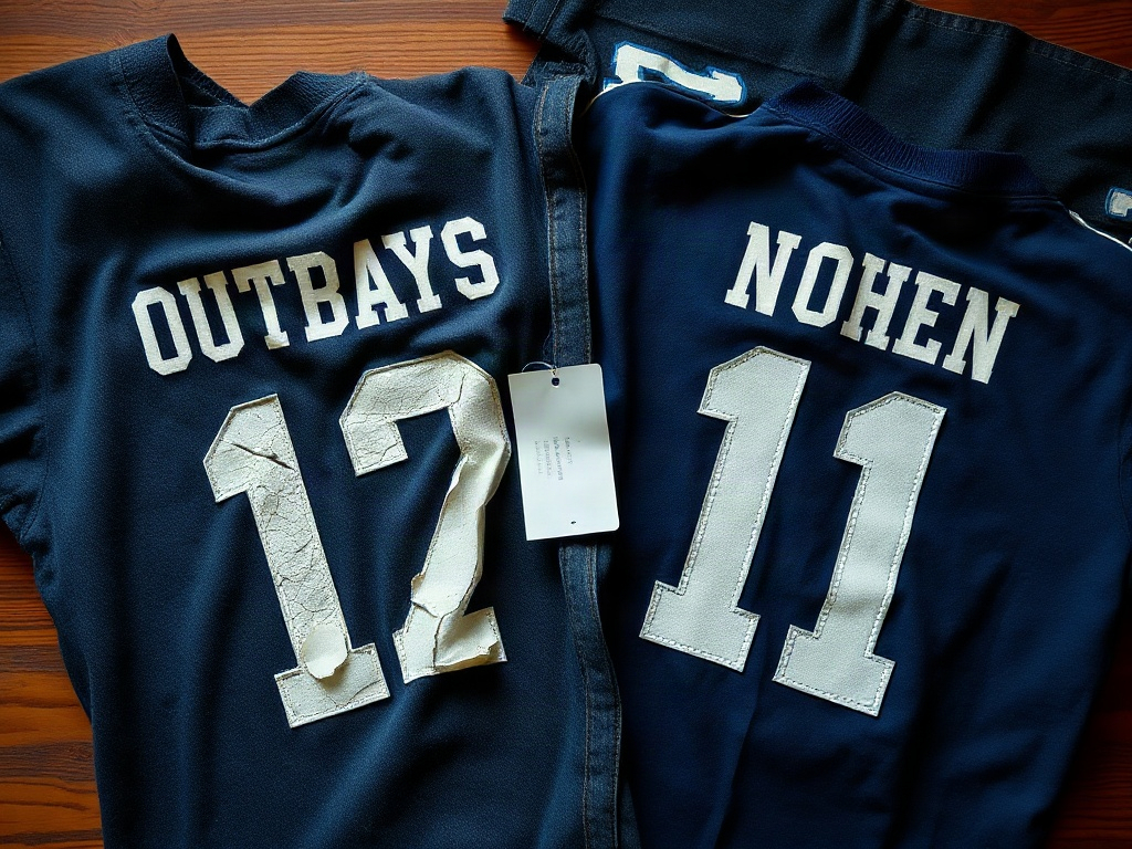 Närbild på ett sprucket flextryck bredvid ett välbevarat broderi på fotbollströja, på mörkt denimtyg