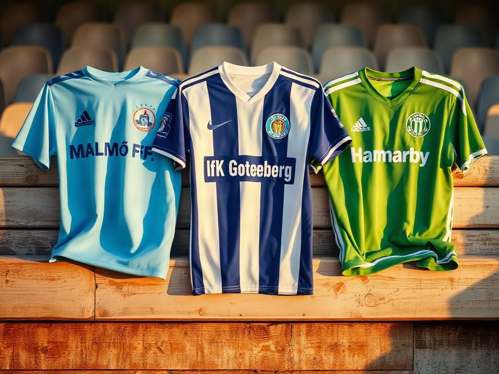 Malmö FF, IFK Göteborg och Hammarby-tröjor sida vid sida på en gammal träbänk på ett stadion