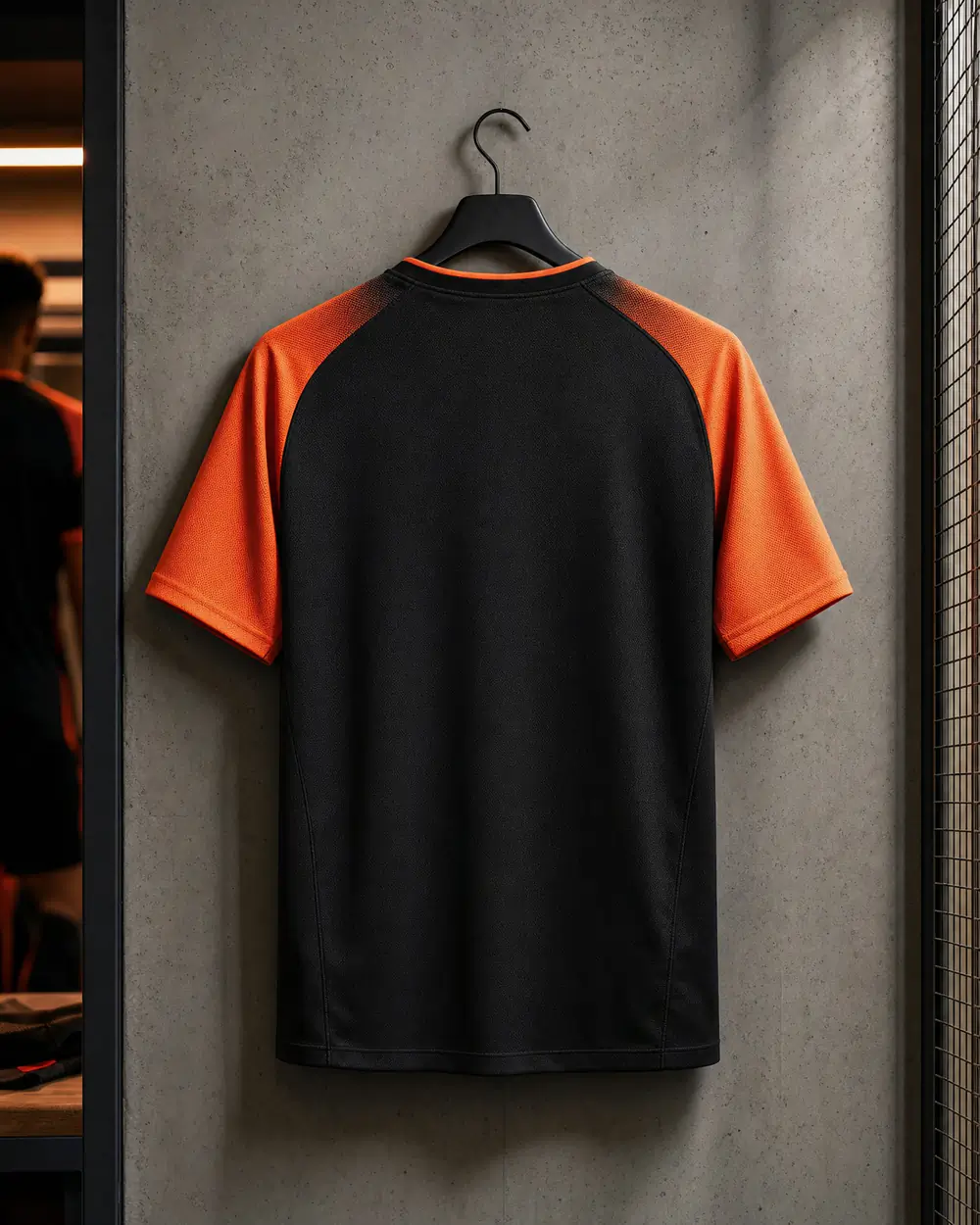 Ryggen på en svart och orange fotbollströja redo för namn och nummer
