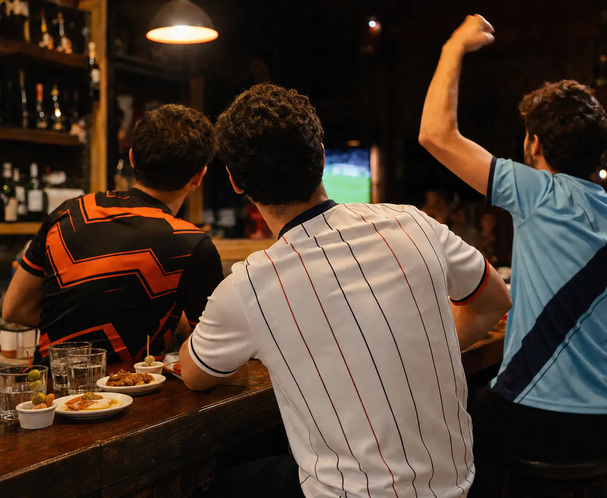 Vänner i koncepttröjor firar ett mål på en bar