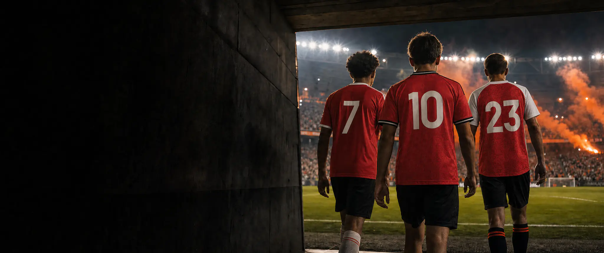Tre spelare bakifrån i tröjor från Liverpool, Manchester United och Arsenal går ut ur stadiontunneln en kväll